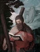 Lucas van Leyden Der heilige Andreas in Halbfigur, vor Landschaft oil painting on canvas
